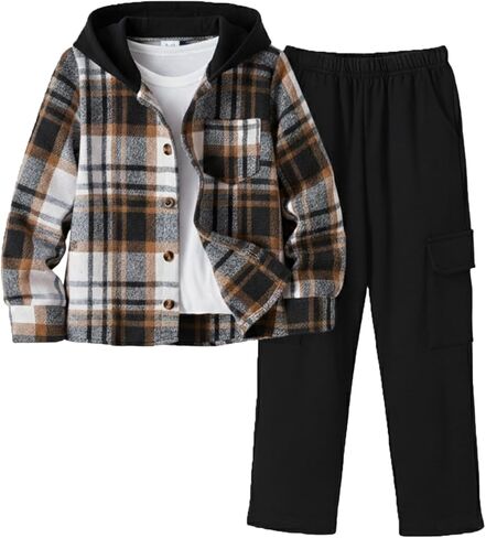 الأولاد 2 قطعة السراويل مجموعة منقوشة الفانيلا هوديس البلوز زر أسفل سترة والبضائع Sweatpants مجموعات Sweatsuit 4-14Y in Kuwait