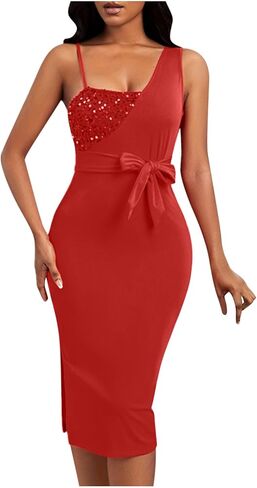 Women Sequin Patchwork Midi Dress One Shoulder Sleeveless Cocktail Evening Gowns Party Sparkly Bodycon Sexy Dresses in Saudi Arabia