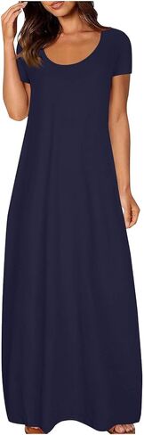 Women Plus Size Maxi Dress Round Neck Short Sleeve Casual Loose Summer Fall Dress Solid Color Beach Swing Sundress in Saudi Arabia