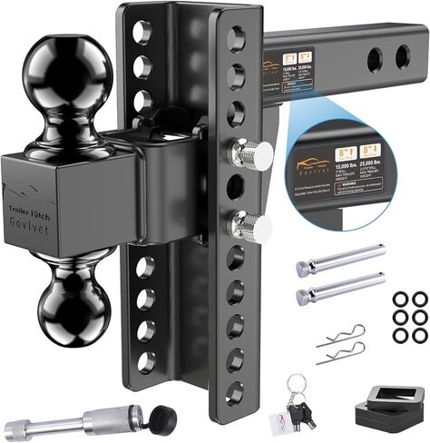 وصلة ربط المقطورة القابلة للتعديل - وصلة قطرة (تناسب جهاز الاستقبال 2.5 بوصة) - وصلة قطر شديدة التحمل مع ارتفاع/ارتفاع 8 بوصة، وصلة ربط كروية 2 بوصة و2-5/16 بوصة للشاحنة (25000 رطل GTW) - مع دبابيس قفل مضادة للسرقة in Kuwait