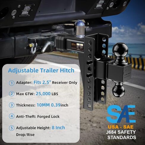 وصلة ربط المقطورة القابلة للتعديل - وصلة قطرة (تناسب جهاز الاستقبال 2.5 بوصة) - وصلة قطر شديدة التحمل مع ارتفاع/ارتفاع 8 بوصة، وصلة ربط كروية 2 بوصة و2-5/16 بوصة للشاحنة (25000 رطل GTW) - مع دبابيس قفل مضادة للسرقة in Kuwait