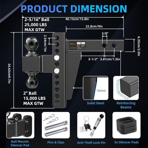 وصلة ربط المقطورة القابلة للتعديل - وصلة قطرة (تناسب جهاز الاستقبال 2.5 بوصة) - وصلة قطر شديدة التحمل مع ارتفاع/ارتفاع 8 بوصة، وصلة ربط كروية 2 بوصة و2-5/16 بوصة للشاحنة (25000 رطل GTW) - مع دبابيس قفل مضادة للسرقة in Kuwait