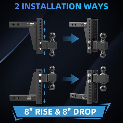 وصلة ربط المقطورة القابلة للتعديل - وصلة قطرة (تناسب جهاز الاستقبال 2.5 بوصة) - وصلة قطر شديدة التحمل مع ارتفاع/ارتفاع 8 بوصة، وصلة ربط كروية 2 بوصة و2-5/16 بوصة للشاحنة (25000 رطل GTW) - مع دبابيس قفل مضادة للسرقة in Kuwait