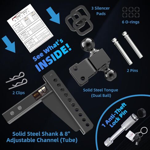 وصلة ربط المقطورة القابلة للتعديل - وصلة قطرة (تناسب جهاز الاستقبال 2.5 بوصة) - وصلة قطر شديدة التحمل مع ارتفاع/ارتفاع 8 بوصة، وصلة ربط كروية 2 بوصة و2-5/16 بوصة للشاحنة (25000 رطل GTW) - مع دبابيس قفل مضادة للسرقة in Kuwait