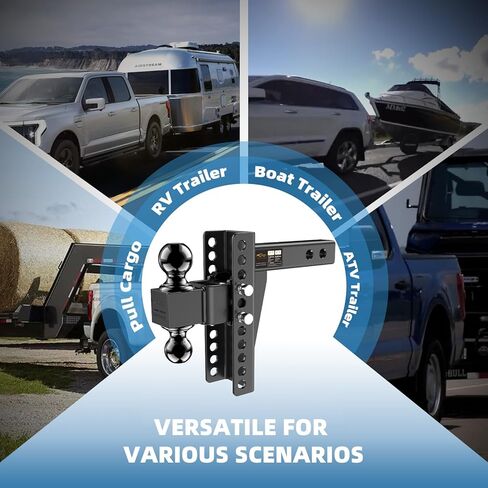 وصلة ربط المقطورة القابلة للتعديل - وصلة قطرة (تناسب جهاز الاستقبال 2.5 بوصة) - وصلة قطر شديدة التحمل مع ارتفاع/ارتفاع 8 بوصة، وصلة ربط كروية 2 بوصة و2-5/16 بوصة للشاحنة (25000 رطل GTW) - مع دبابيس قفل مضادة للسرقة in Kuwait