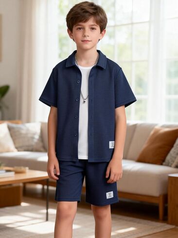 Boys’ Short Sleeve Button Down T-Shirt & Shorts Set, Summer 2-Piece Collared Casual Outfits for Daily Wear(8Y-12Y) in Saudi Arabia