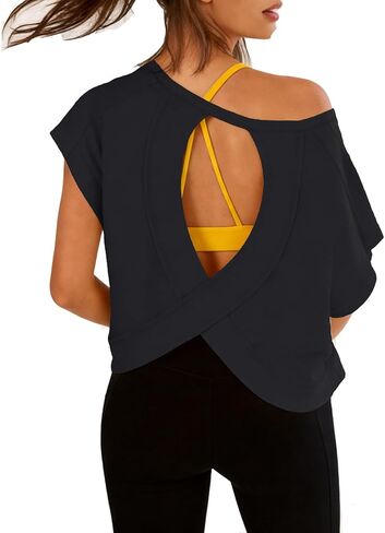 Womens Open Back Workout Shirts Cotton Tops Short Sleeve Tees Crop Backless Tops Boxy Yoga Shirts in Saudi Arabia