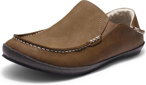 Men’s Premium Everyday Moccasin Slippers Crafted Leather Upper Plush Shearling-Style Lining Removable PU Arch Support Insole with Deep Heel Cup Non-Slip Non-Marking Rubber Sole Fold-Down Heel Indoor Outdoor in Saudi Arabia