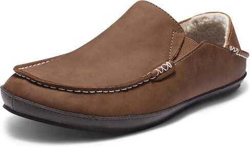 Men’s Premium Everyday Moccasin Slippers Crafted Leather Upper Plush Shearling-Style Lining Removable PU Arch Support Insole with Deep Heel Cup Non-Slip Non-Marking Rubber Sole Fold-Down Heel Indoor Outdoor in Saudi Arabia