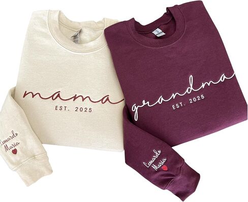 Custom Embroidered Sweatshirt, Name On Sleeve With Heart, Mama Est Year Shirt, Grandma Shirt With Date, Gift For New Mom in Saudi Arabia