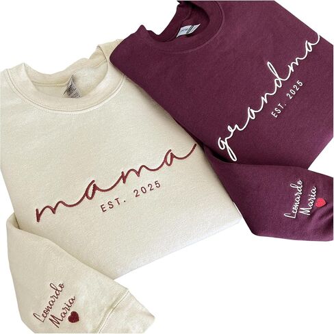Custom Embroidered Sweatshirt, Name On Sleeve With Heart, Mama Est Year Shirt, Grandma Shirt With Date, Gift For New Mom in Saudi Arabia