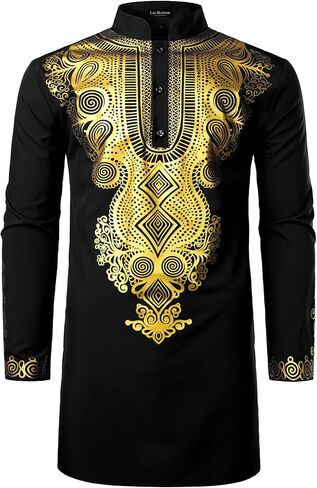 قميص LucMatton رجالي أفريقي تقليدي Dashiki فاخر مطبوع ذهبي معدني طويل متوسط ​​الطول in Kuwait