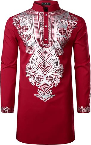 LucMatton Men's African Traditional Dashiki Luxury Metallic Gold Printed Mid Long Shirt in Saudi Arabia