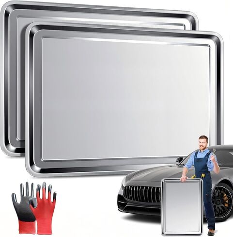 وعاء تنقيط الزيت - كبير 31.5 × 19.7 × 1 بوصة وعاء من الفولاذ المقاوم للصدأ مع قفازات - وعاء تنقيط زيت 410 عالي التحمل للحفاظ على نظافة الأرضيات للاستخدام أسفل السيارة والمرآب in Kuwait