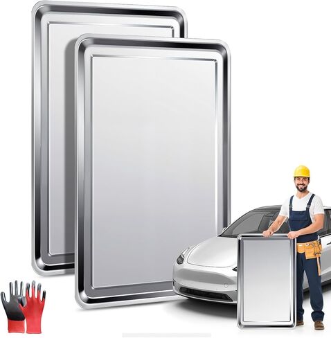 وعاء تنقيط الزيت - كبير 31.5 × 19.7 × 1 بوصة وعاء من الفولاذ المقاوم للصدأ مع قفازات - وعاء تنقيط زيت 410 عالي التحمل للحفاظ على نظافة الأرضيات للاستخدام أسفل السيارة والمرآب in Kuwait