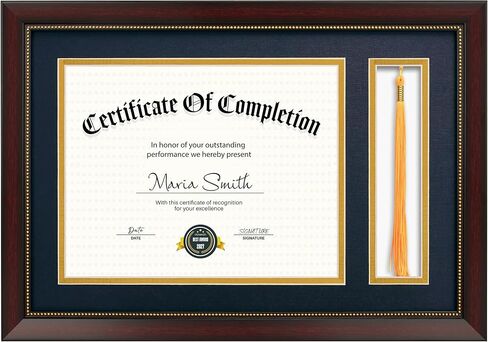 إطار دبلوم 11x16.5 مع حامل شرابة لوثيقة شهادة 8.5x11، إطار دبلومة الماهوجني مع زجاج حقيقي، حصائر مزدوجة باللون الأزرق فوق الذهبي، عرض دبلومة 8.5x11 وشرابة واحدة in Kuwait