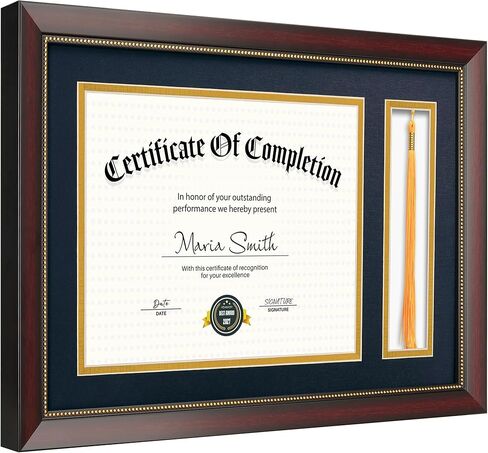 إطار دبلوم 11x16.5 مع حامل شرابة لوثيقة شهادة 8.5x11، إطار دبلومة الماهوجني مع زجاج حقيقي، حصائر مزدوجة باللون الأزرق فوق الذهبي، عرض دبلومة 8.5x11 وشرابة واحدة in Kuwait