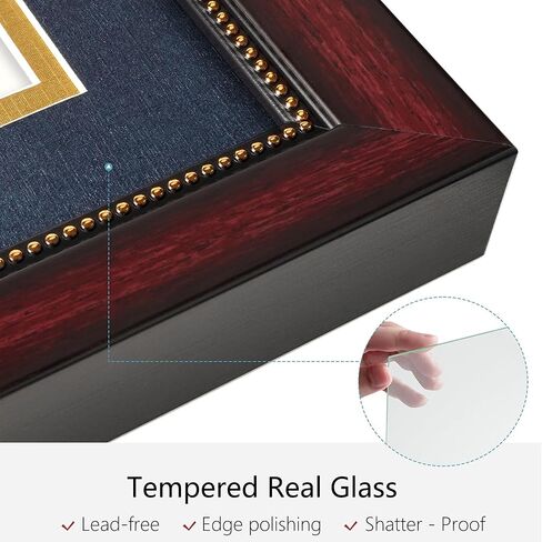 إطار دبلوم 11x16.5 مع حامل شرابة لوثيقة شهادة 8.5x11، إطار دبلومة الماهوجني مع زجاج حقيقي، حصائر مزدوجة باللون الأزرق فوق الذهبي، عرض دبلومة 8.5x11 وشرابة واحدة in Kuwait