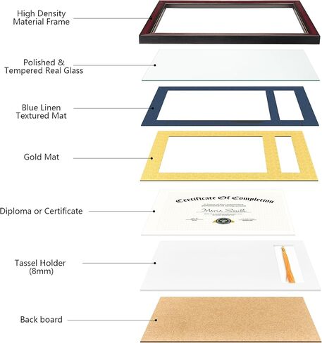 إطار دبلوم 11x16.5 مع حامل شرابة لوثيقة شهادة 8.5x11، إطار دبلومة الماهوجني مع زجاج حقيقي، حصائر مزدوجة باللون الأزرق فوق الذهبي، عرض دبلومة 8.5x11 وشرابة واحدة in Kuwait