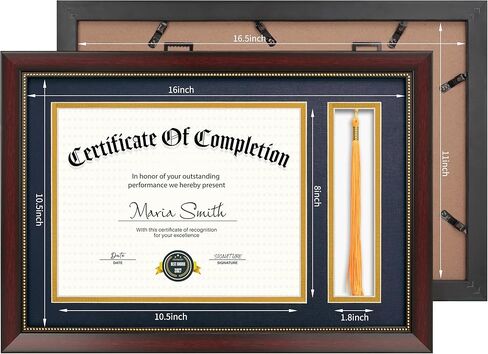 إطار دبلوم 11x16.5 مع حامل شرابة لوثيقة شهادة 8.5x11، إطار دبلومة الماهوجني مع زجاج حقيقي، حصائر مزدوجة باللون الأزرق فوق الذهبي، عرض دبلومة 8.5x11 وشرابة واحدة in Kuwait