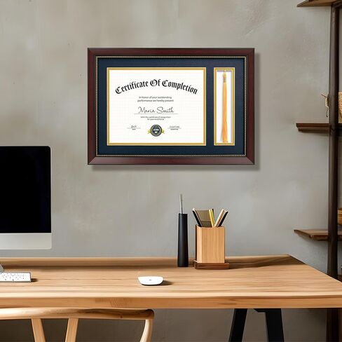 إطار دبلوم 11x16.5 مع حامل شرابة لوثيقة شهادة 8.5x11، إطار دبلومة الماهوجني مع زجاج حقيقي، حصائر مزدوجة باللون الأزرق فوق الذهبي، عرض دبلومة 8.5x11 وشرابة واحدة in Kuwait