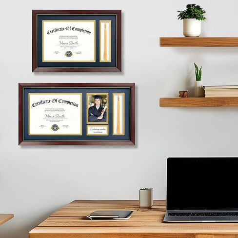 إطار دبلوم 11x16.5 مع حامل شرابة لوثيقة شهادة 8.5x11، إطار دبلومة الماهوجني مع زجاج حقيقي، حصائر مزدوجة باللون الأزرق فوق الذهبي، عرض دبلومة 8.5x11 وشرابة واحدة in Kuwait