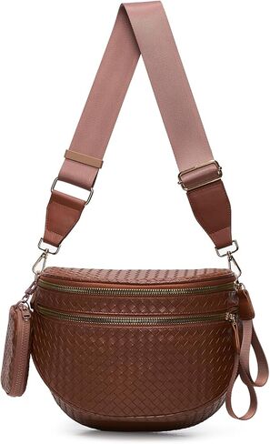 حقائب منسوجة للنساء من الجلد النباتي مع محفظة للعملات المعدنية، حقائب فاني عصرية مع حزام عريض قابل للتعديل، محفظة كتف واسعة للسفر in Kuwait