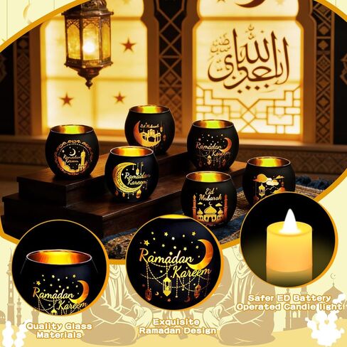 6 مجموعة من هدايا ديكورات رمضان حامل شموع زجاجي لضوء الشاي مع شموع LED عديمة اللهب ديكورات عيد مبارك للمنزل والحفلات المركزية in Kuwait
