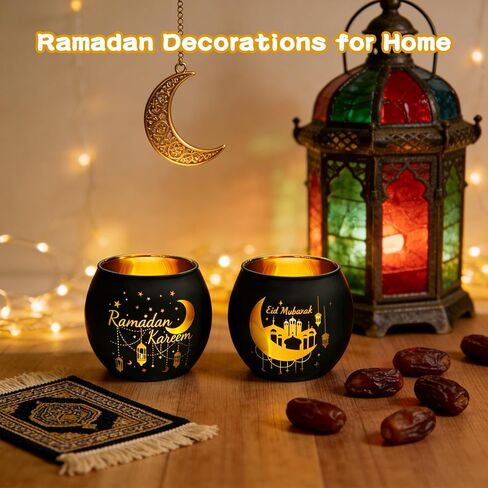 6 مجموعة من هدايا ديكورات رمضان حامل شموع زجاجي لضوء الشاي مع شموع LED عديمة اللهب ديكورات عيد مبارك للمنزل والحفلات المركزية in Kuwait