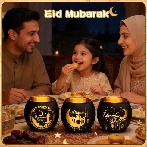 6 مجموعة من هدايا ديكورات رمضان حامل شموع زجاجي لضوء الشاي مع شموع LED عديمة اللهب ديكورات عيد مبارك للمنزل والحفلات المركزية in Kuwait