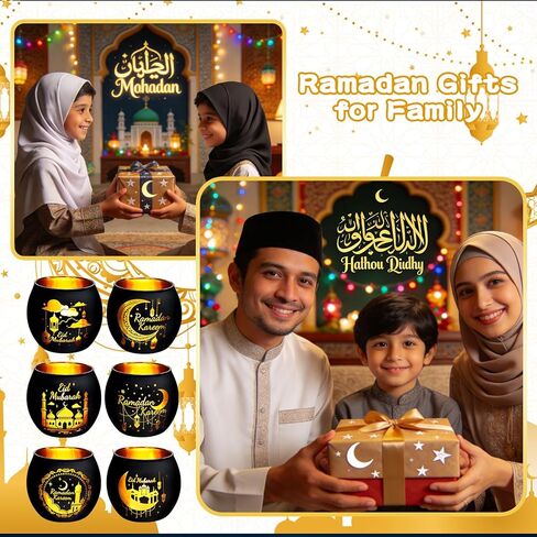 6 مجموعة من هدايا ديكورات رمضان حامل شموع زجاجي لضوء الشاي مع شموع LED عديمة اللهب ديكورات عيد مبارك للمنزل والحفلات المركزية in Kuwait