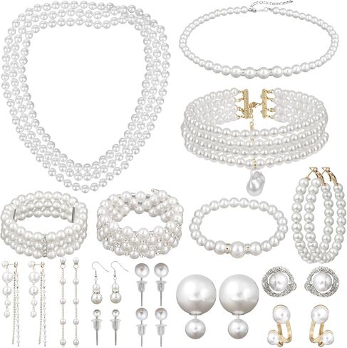 مجموعة مجوهرات اللؤلؤ 16 قطعة مع قلادة وأقراط وأساور، قلادات اللؤلؤ للنساء، مجموعة اللؤلؤ الصناعي مجوهرات لحفلات الزفاف وحفلات عيد الميلاد in Kuwait