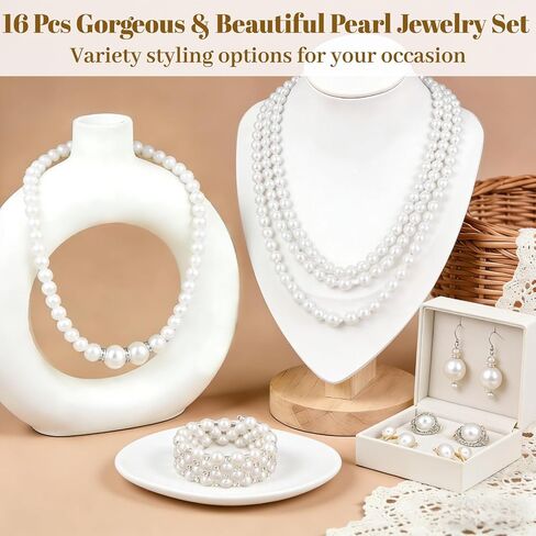 مجموعة مجوهرات اللؤلؤ 16 قطعة مع قلادة وأقراط وأساور، قلادات اللؤلؤ للنساء، مجموعة اللؤلؤ الصناعي مجوهرات لحفلات الزفاف وحفلات عيد الميلاد in Kuwait