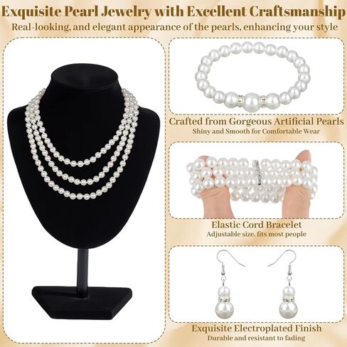 مجموعة مجوهرات اللؤلؤ 16 قطعة مع قلادة وأقراط وأساور، قلادات اللؤلؤ للنساء، مجموعة اللؤلؤ الصناعي مجوهرات لحفلات الزفاف وحفلات عيد الميلاد in Kuwait