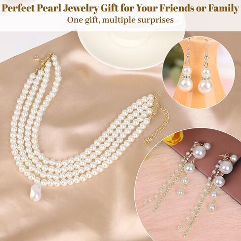 مجموعة مجوهرات اللؤلؤ 16 قطعة مع قلادة وأقراط وأساور، قلادات اللؤلؤ للنساء، مجموعة اللؤلؤ الصناعي مجوهرات لحفلات الزفاف وحفلات عيد الميلاد in Kuwait