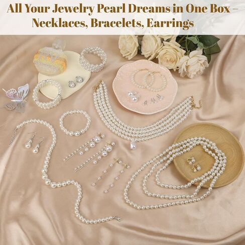 مجموعة مجوهرات اللؤلؤ 16 قطعة مع قلادة وأقراط وأساور، قلادات اللؤلؤ للنساء، مجموعة اللؤلؤ الصناعي مجوهرات لحفلات الزفاف وحفلات عيد الميلاد in Kuwait
