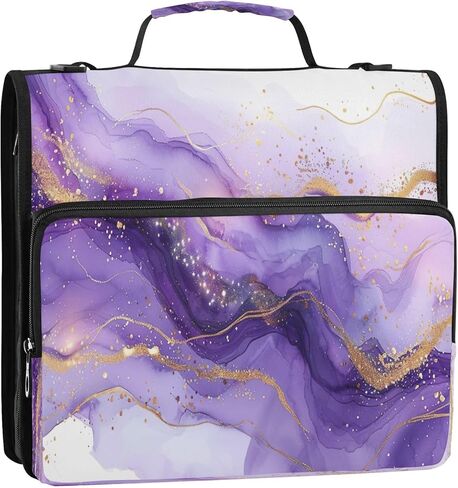 غلاف بسحاب مقاوم للماء من الرخام الأرجواني مع حزام كتف، حافظة صياد ثلاثية الحلقات بتصميم مسطح ومقصورات متعددة للمدرسة والمكتب، للبالغين والأطفال in Kuwait