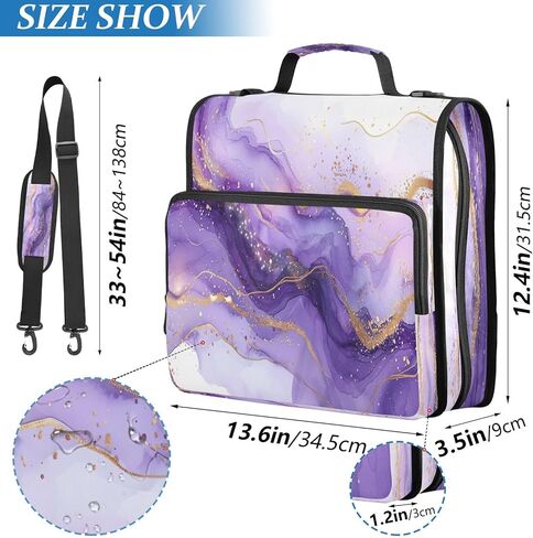 غلاف بسحاب مقاوم للماء من الرخام الأرجواني مع حزام كتف، حافظة صياد ثلاثية الحلقات بتصميم مسطح ومقصورات متعددة للمدرسة والمكتب، للبالغين والأطفال in Kuwait