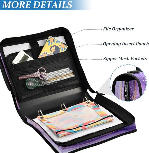 غلاف بسحاب مقاوم للماء من الرخام الأرجواني مع حزام كتف، حافظة صياد ثلاثية الحلقات بتصميم مسطح ومقصورات متعددة للمدرسة والمكتب، للبالغين والأطفال in Kuwait