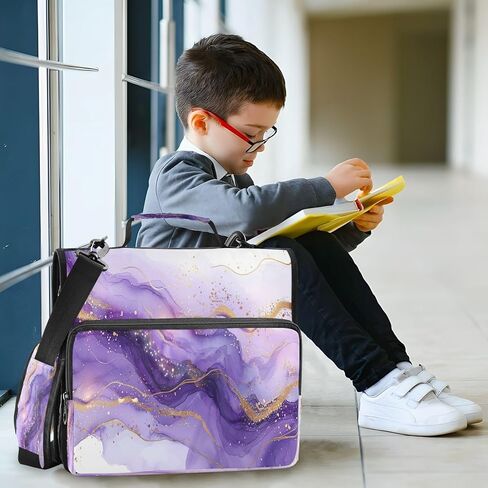 غلاف بسحاب مقاوم للماء من الرخام الأرجواني مع حزام كتف، حافظة صياد ثلاثية الحلقات بتصميم مسطح ومقصورات متعددة للمدرسة والمكتب، للبالغين والأطفال in Kuwait