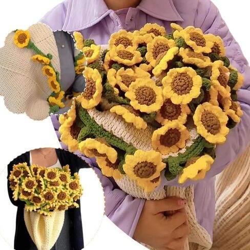 Manta de Ramo de Flores de Ganchillo Producto Terminado، Manta de Ramo de Flores Hecha a Mano، مثالي لـ El Día de la Madre، cumpleaños y Decoración del hogar (Girasol، 43 بوصة) in Saudi Arabia