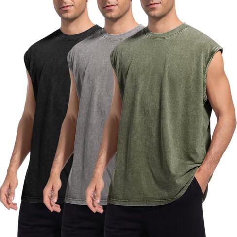 Mens Workout Tank Tops Sleeveless Tee Shirts Men Muscle Shirt Gym Acid Wash Vintage T Shirts Loose Fit Tee in Saudi Arabia