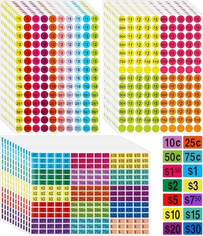YGAOHF Garage Sale Price Stickers 5500 Pcs - 0.8 Inch Round & 0.7 Inch Rectangle Pre-Printed Pricing Labels for Yard Sales, Flea Markets, Retail Tagging, Colorful 2-Size Value Pack in Saudi Arabia