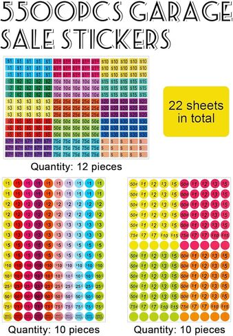 YGAOHF Garage Sale Price Stickers 5500 Pcs - 0.8 Inch Round & 0.7 Inch Rectangle Pre-Printed Pricing Labels for Yard Sales, Flea Markets, Retail Tagging, Colorful 2-Size Value Pack in Saudi Arabia