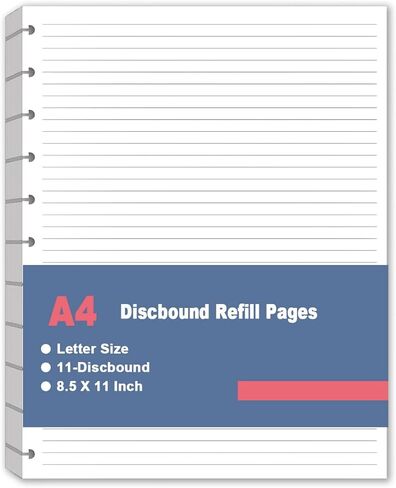 A4 Discbound Lined Refill Paper, 11 Disc Hole Punched Ruled Filler Paper, Letter Size Refills Paper, 100Sheets / 200Pages, Loose-Leaf Paper, 100gsm Paper, 8.5'' x 11'' in Kuwait