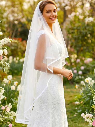 HEREAD طرحة زفاف العروس قصيرة بطول أطراف الأصابع باللون الأبيض من طبقة واحدة من التول مع مشط للنساء in Kuwait