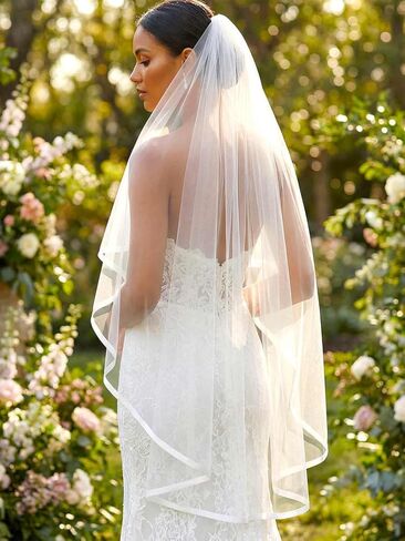 HEREAD طرحة زفاف العروس قصيرة بطول أطراف الأصابع باللون الأبيض من طبقة واحدة من التول مع مشط للنساء in Kuwait