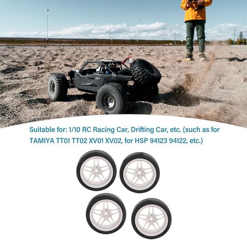 4pcs Rc Tires Wheels Rims Sets, 12mm Hex Wheels Rims Rubber Tires Width 26mm for 1/10 Rc Racing Car Drifting Car Plastic Wheel Rim Rubber Tire Smooth Surface (White) in Saudi Arabia