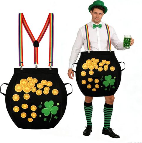 زي عيد القديس باتريك من الذهب للبالغين، زي عملات Leprechaun Cauldron بحجم إضافي مع حزام كتف قوس قزح in Saudi Arabia