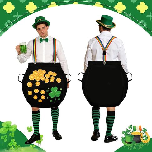 زي عيد القديس باتريك من الذهب للبالغين، زي عملات Leprechaun Cauldron بحجم إضافي مع حزام كتف قوس قزح in Saudi Arabia